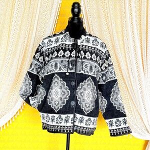 Vintage 90s Flashback Folk Boho Black & White Tapestry Jacket Size XL